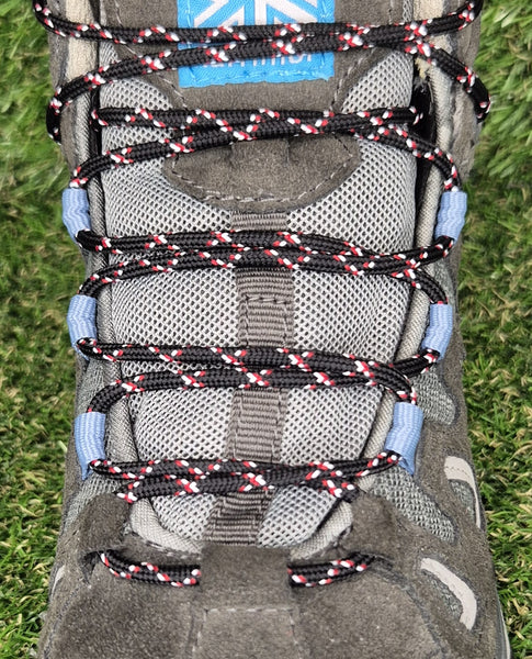 Round 3 mm Shoelaces Black with Red and White for walking shoes or trainers