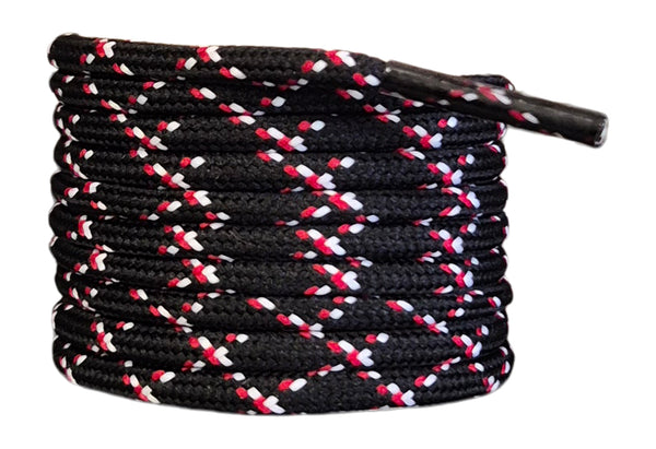 Round 3 mm Shoelaces Black with Red and White for walking shoes or trainers