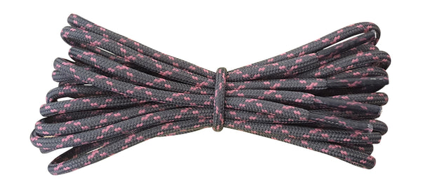 Braided shoelaces with a pink and black pattern on a white background