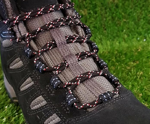 Round 3 mm Shoelaces Black with Red and White for walking shoes or trainers